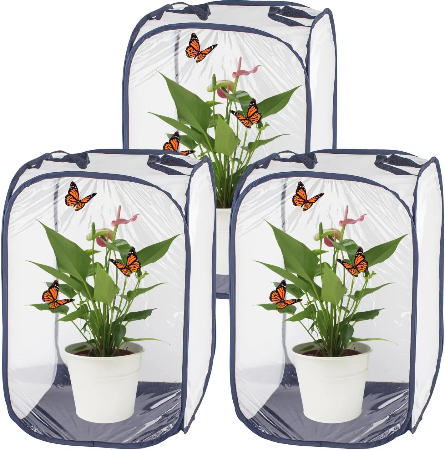 3Pcs 24" M Size Blue Butterfly Habitat Cage, Monarch Habitat, Butterfly for Caterpillars, Flying Insect Mesh Cage, Outdoor Observation Plant, Pop-Up Open Size: 16"x16"x24"