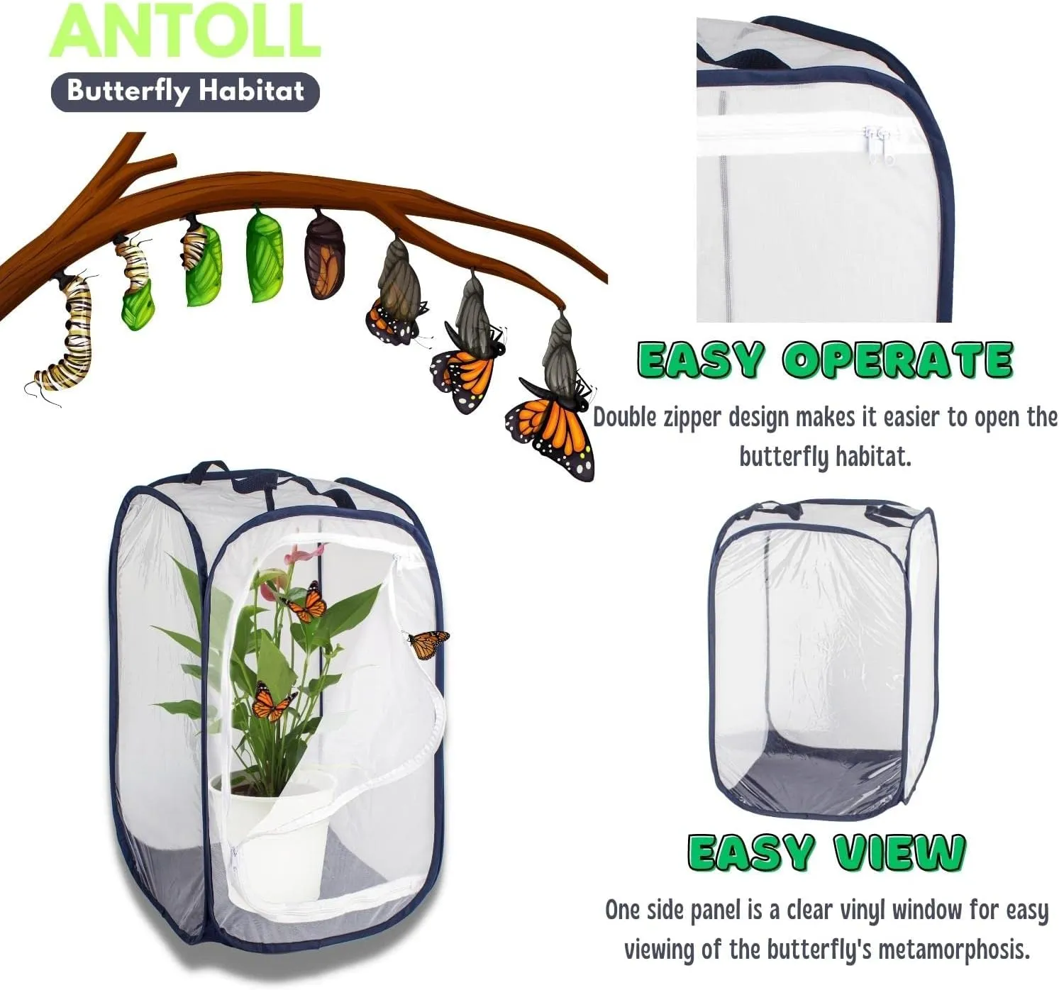 3Pcs 24" M Size Blue Butterfly Habitat Cage, Monarch Habitat, Butterfly for Caterpillars, Flying Insect Mesh Cage, Outdoor Observation Plant, Pop-Up Open Size: 16"x16"x24"