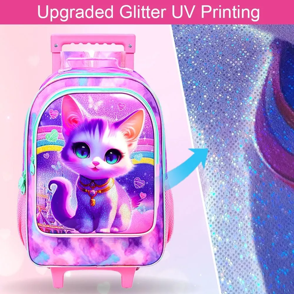 3PCS Cat Rolling Backpack for Girls, Kids School Backpacks with Wheels, Water Resistant UV Printed Roller Wheeled Bookbag Set
