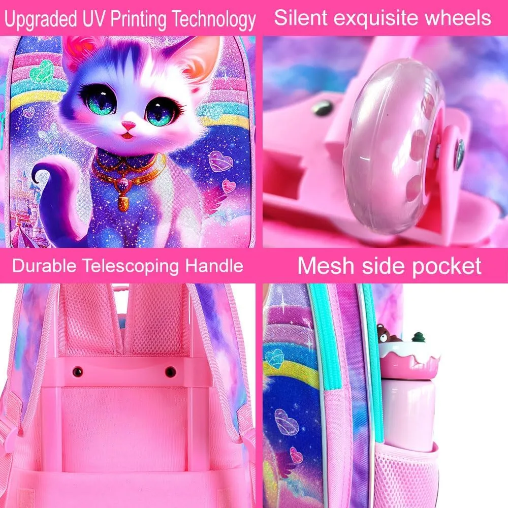 3PCS Cat Rolling Backpack for Girls, Kids School Backpacks with Wheels, Water Resistant UV Printed Roller Wheeled Bookbag Set
