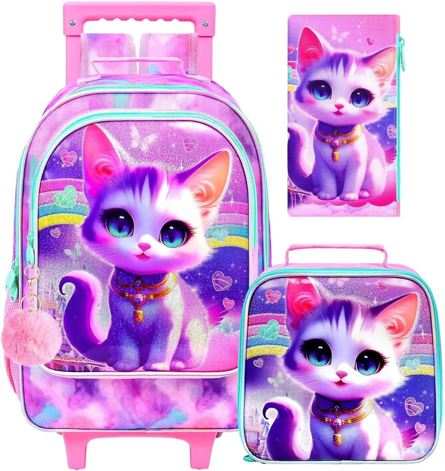 3PCS Cat Rolling Backpack for Girls, Kids School Backpacks with Wheels, Water Resistant UV Printed Roller Wheeled Bookbag Set