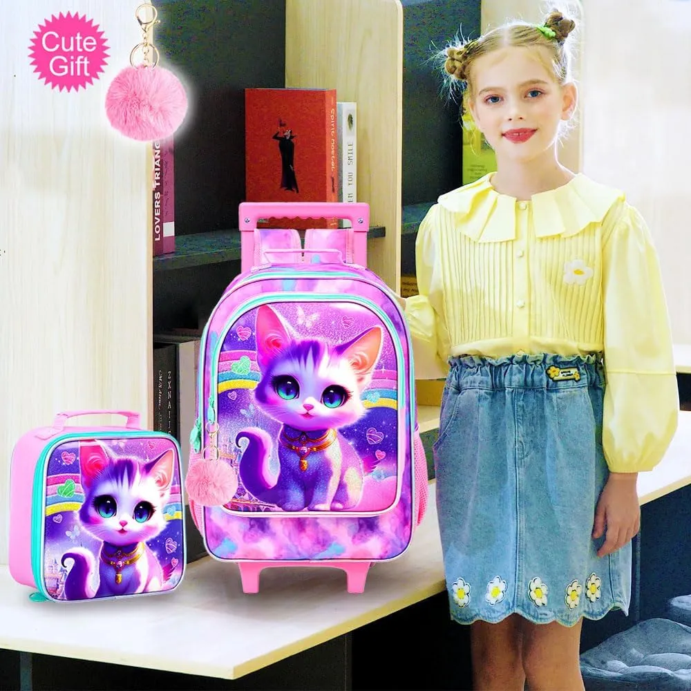 3PCS Cat Rolling Backpack for Girls, Kids School Backpacks with Wheels, Water Resistant UV Printed Roller Wheeled Bookbag Set
