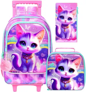 3PCS Cat Rolling Backpack for Girls, Kids School Backpacks with Wheels, Water Resistant UV Printed Roller Wheeled Bookbag Set