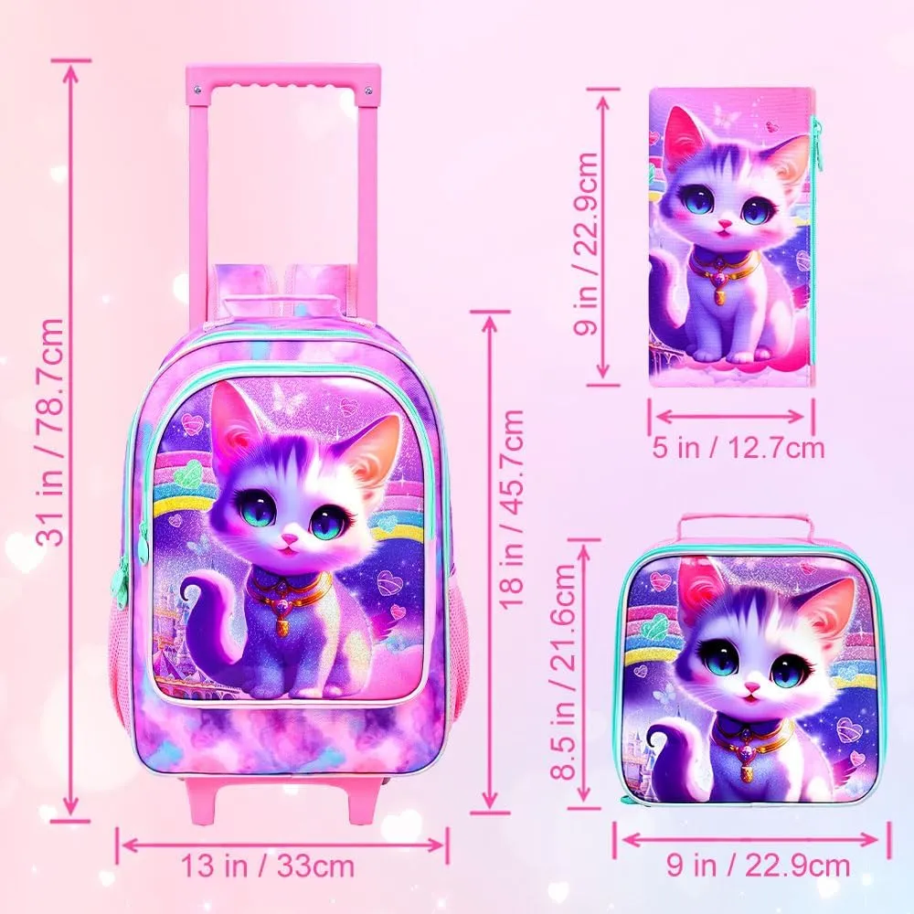 3PCS Cat Rolling Backpack for Girls, Kids School Backpacks with Wheels, Water Resistant UV Printed Roller Wheeled Bookbag Set