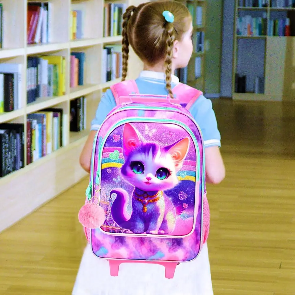 3PCS Cat Rolling Backpack for Girls, Kids School Backpacks with Wheels, Water Resistant UV Printed Roller Wheeled Bookbag Set