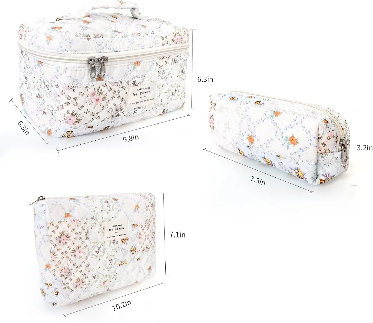 3Pcs Cotton Quilted Makeup Bag Large Travel Cosmetic Bag Coquette Makeup Pouch Cute Aesthetic Floral Toiletry Bag for Women Girls (flower-U)
