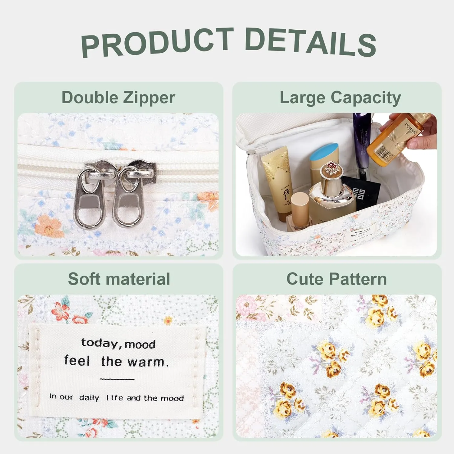 3Pcs Cotton Quilted Makeup Bag Large Travel Cosmetic Bag Coquette Makeup Pouch Cute Aesthetic Floral Toiletry Bag for Women Girls (flower-U)