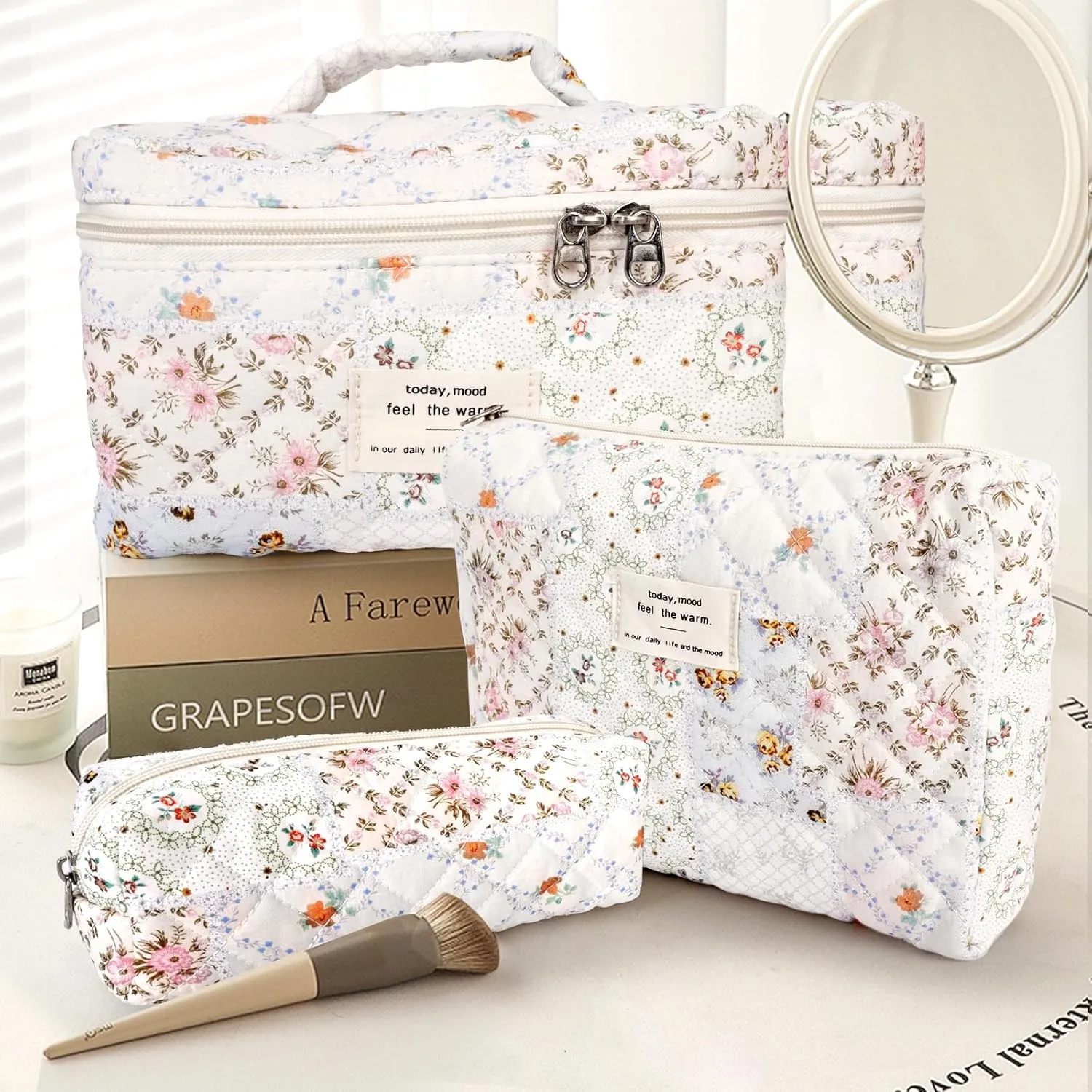 3Pcs Cotton Quilted Makeup Bag Large Travel Cosmetic Bag Coquette Makeup Pouch Cute Aesthetic Floral Toiletry Bag for Women Girls (flower-U)