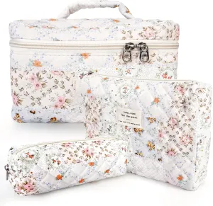 3Pcs Cotton Quilted Makeup Bag Large Travel Cosmetic Bag Coquette Makeup Pouch Cute Aesthetic Floral Toiletry Bag for Women Girls (flower-U)
