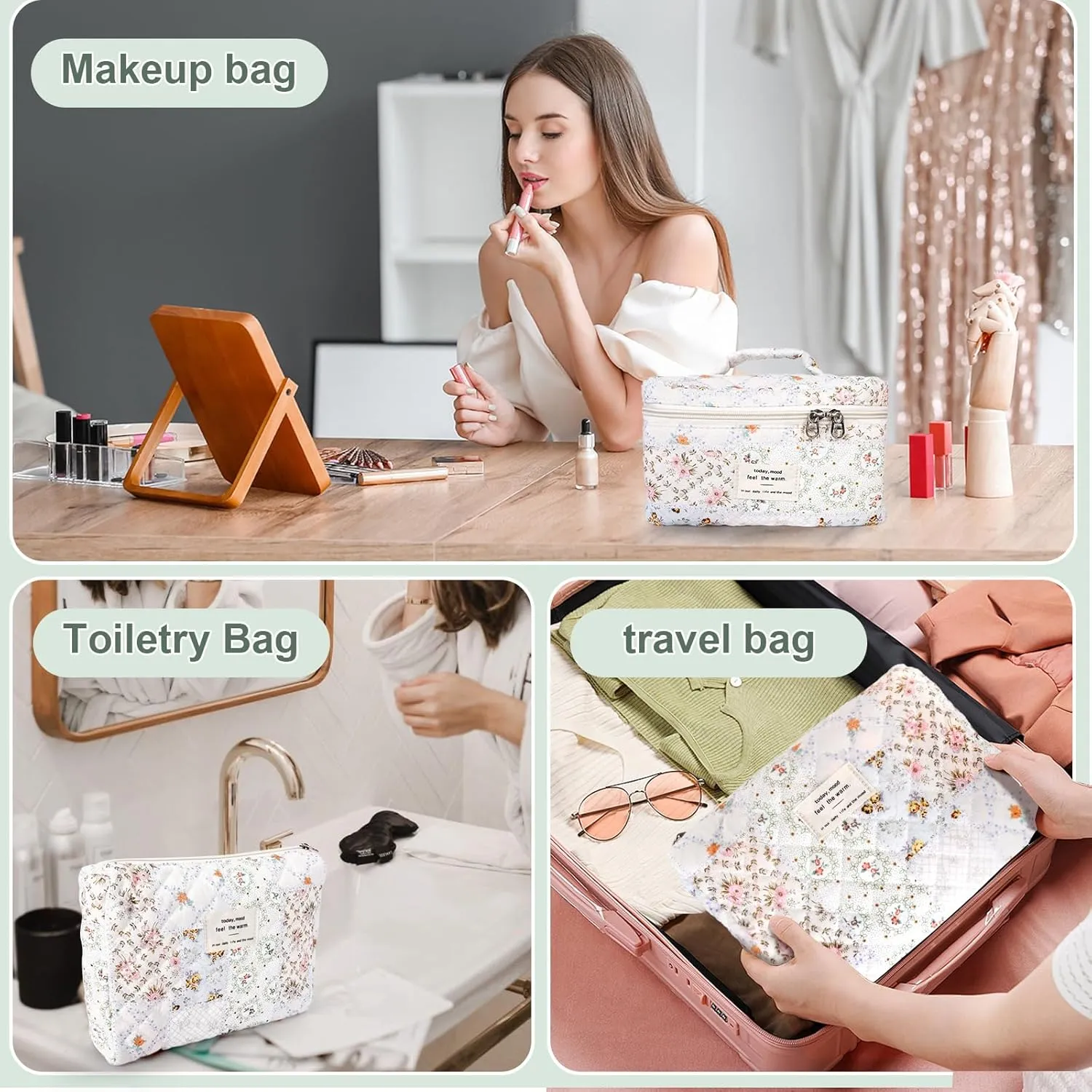 3Pcs Cotton Quilted Makeup Bag Large Travel Cosmetic Bag Coquette Makeup Pouch Cute Aesthetic Floral Toiletry Bag for Women Girls (flower-U)