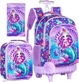 3PCS Kids Rolling Backpack, Boys Girls Roller Wheels Bookbag, Wheeled School Bag with Lunch Bag
