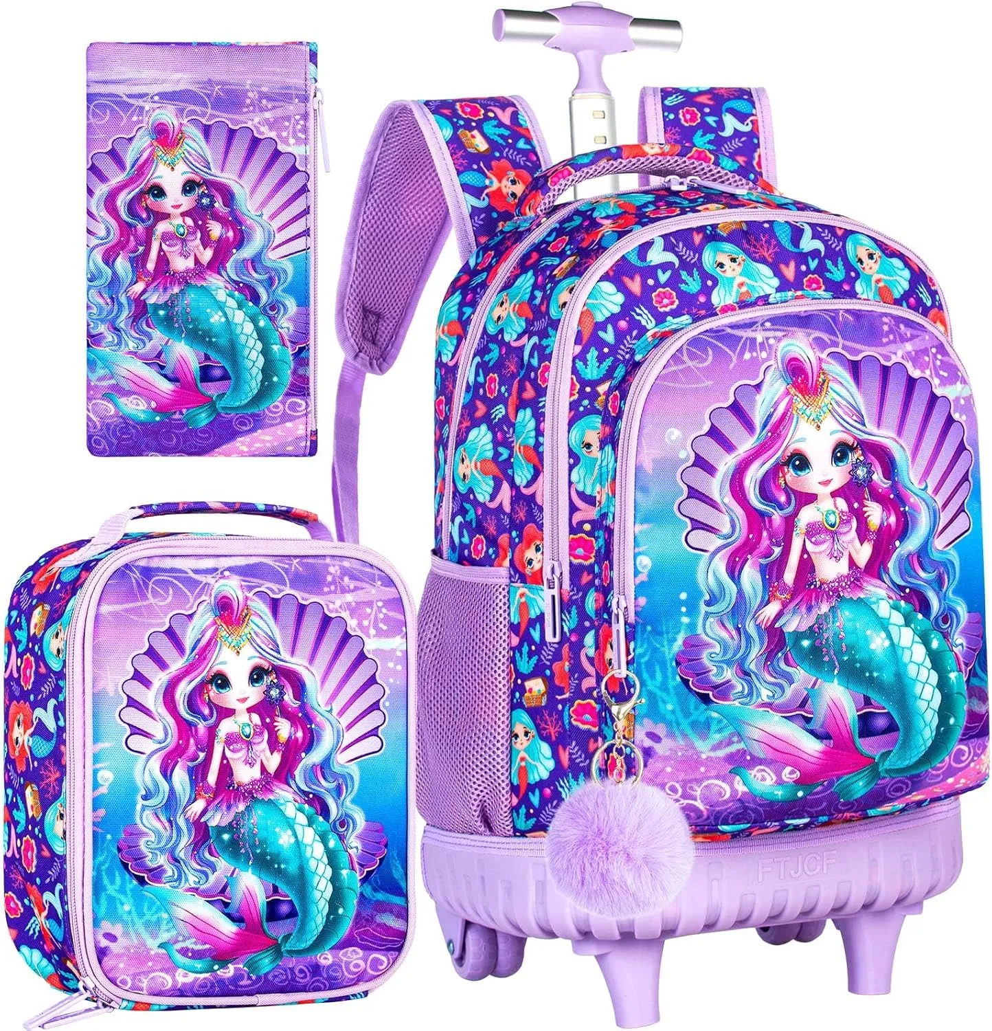 3PCS Kids Rolling Backpack, Boys Girls Roller Wheels Bookbag, Wheeled School Bag with Lunch Bag