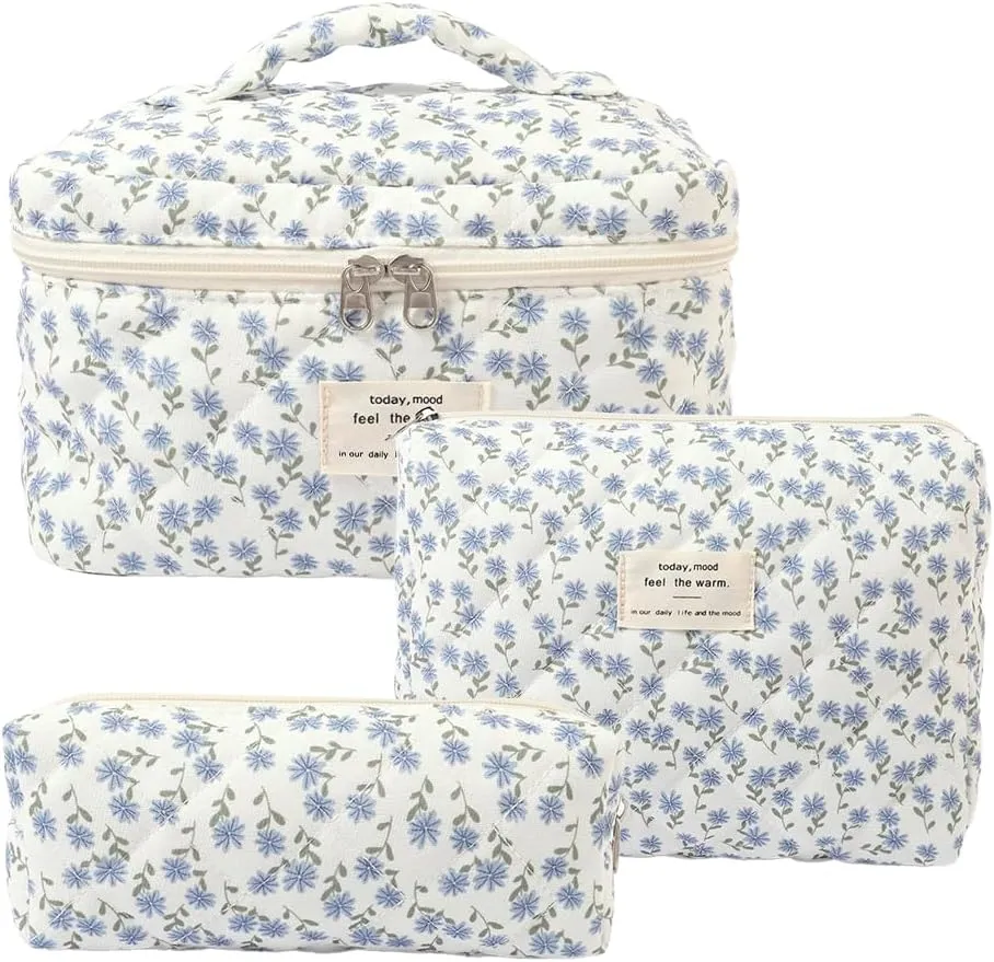 3Pcs Makeup Bag Cotton Quilted Travel Cosmetic Bag Cute Floral Makeup Pouch Large Toiletry Bag for Women Girls (Flowers-Blue)