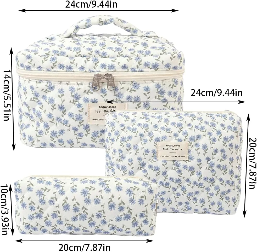 3Pcs Makeup Bag Cotton Quilted Travel Cosmetic Bag Cute Floral Makeup Pouch Large Toiletry Bag for Women Girls (Flowers-Blue)