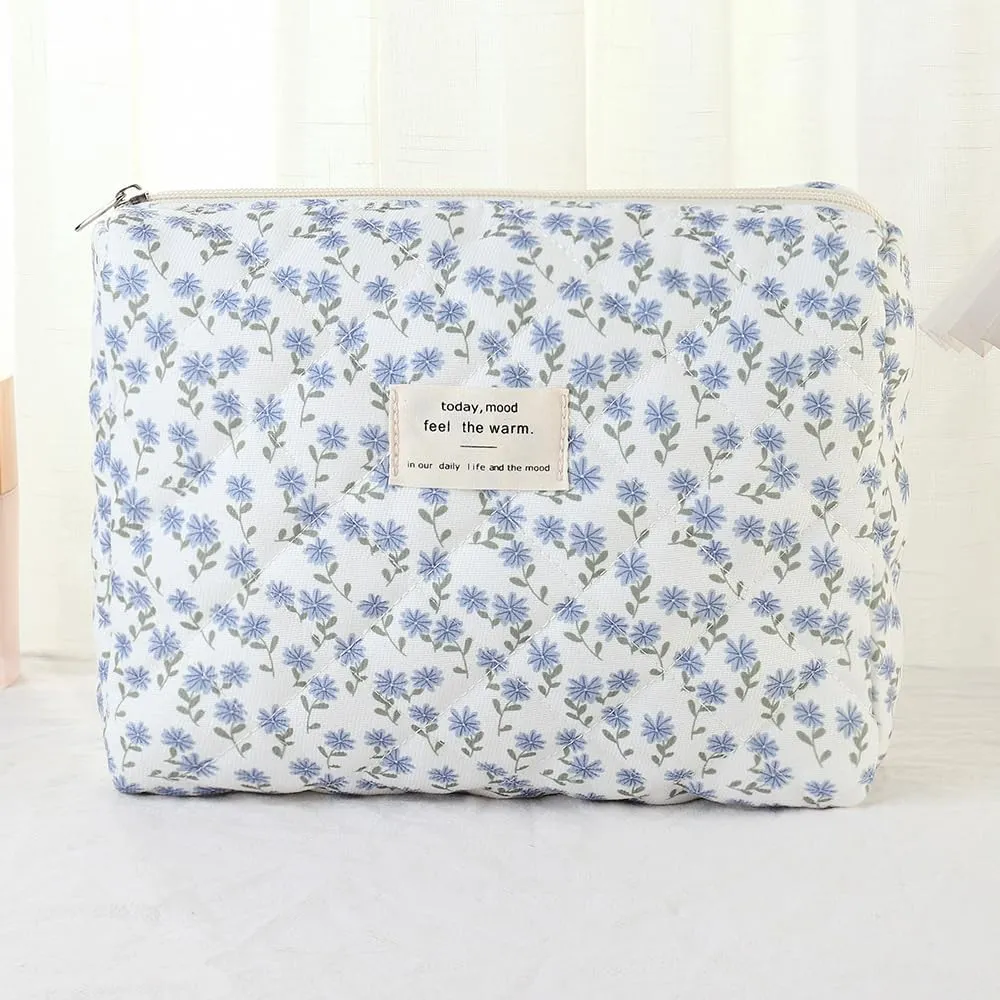 3Pcs Makeup Bag Cotton Quilted Travel Cosmetic Bag Cute Floral Makeup Pouch Large Toiletry Bag for Women Girls (Flowers-Blue)