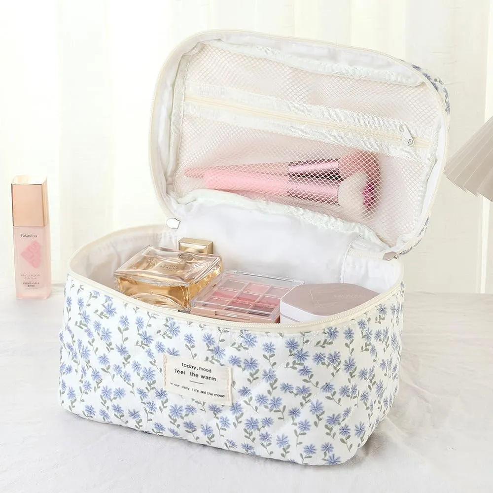 3Pcs Makeup Bag Cotton Quilted Travel Cosmetic Bag Cute Floral Makeup Pouch Large Toiletry Bag for Women Girls (Flowers-Blue)