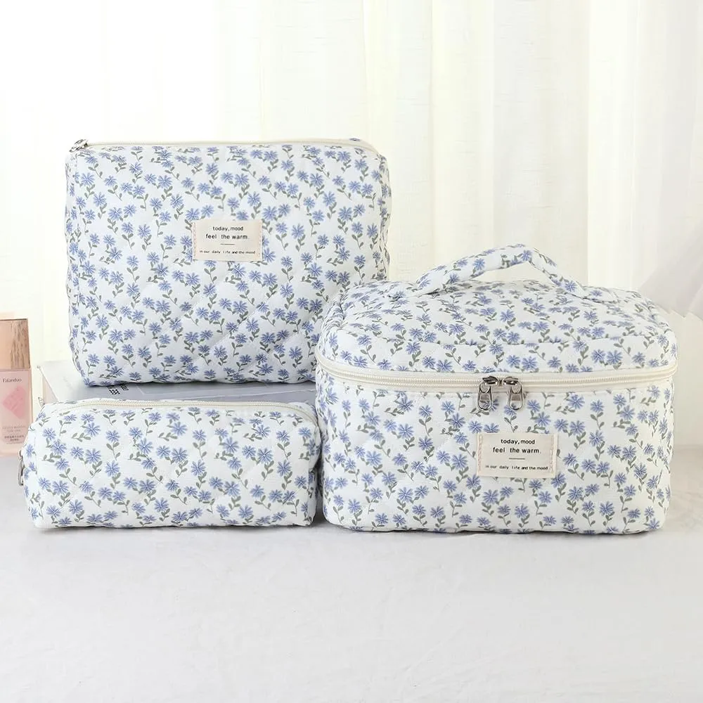 3Pcs Makeup Bag Cotton Quilted Travel Cosmetic Bag Cute Floral Makeup Pouch Large Toiletry Bag for Women Girls (Flowers-Blue)