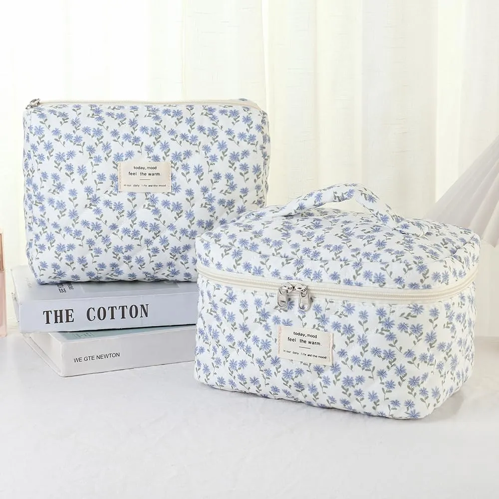 3Pcs Makeup Bag Cotton Quilted Travel Cosmetic Bag Cute Floral Makeup Pouch Large Toiletry Bag for Women Girls (Flowers-Blue)