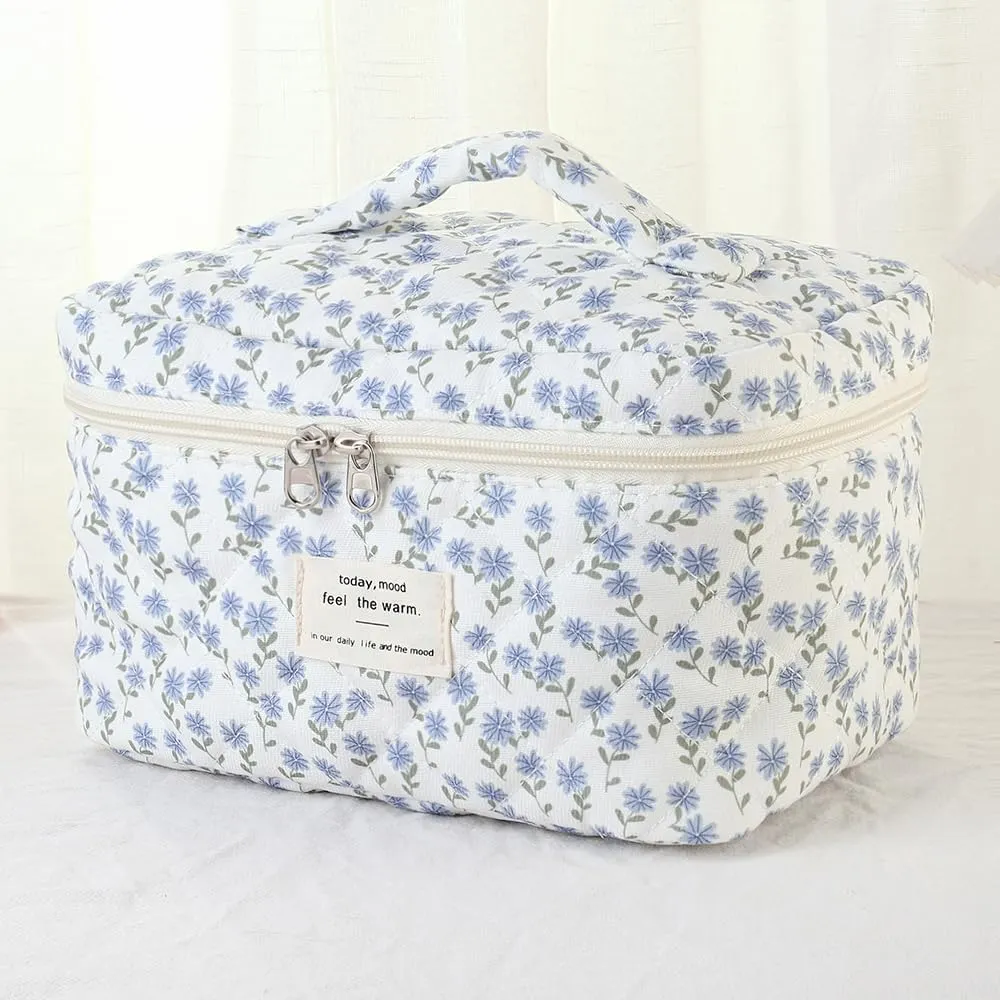 3Pcs Makeup Bag Cotton Quilted Travel Cosmetic Bag Cute Floral Makeup Pouch Large Toiletry Bag for Women Girls (Flowers-Blue)