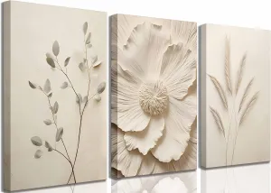 3Pcs Neutral Beige Floral Plant Canvas Wall art Textured Flower Botanical Painting Picture Wall Decor Vintage Blossom Poster Prints for Living Room Bedroom Bathroom Decoration