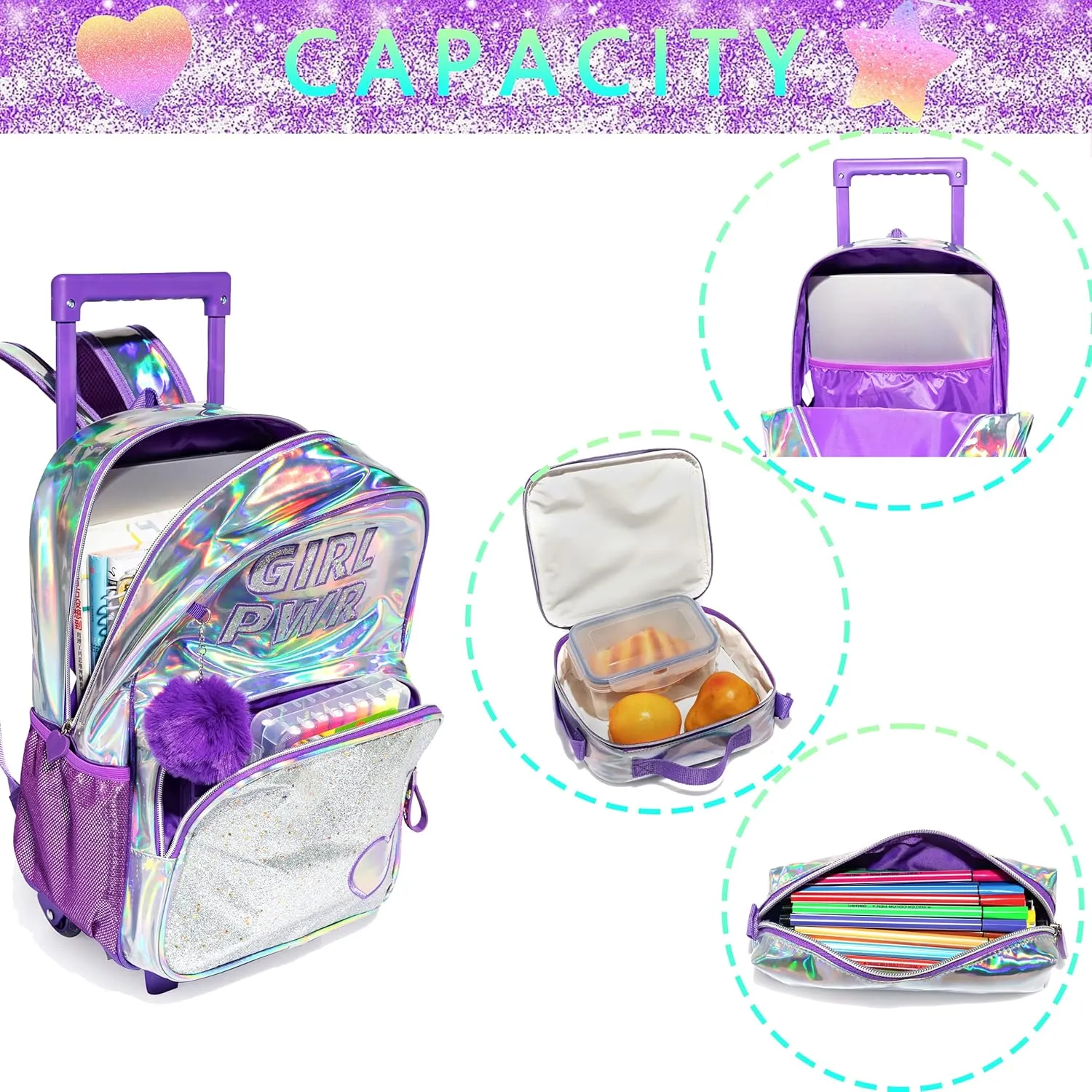 3PCS Purple Rolling Backpack for Girls, Glitter Bookbag with Roller Wheels, Kindergarten Wheeled Backpack with Lunch Box