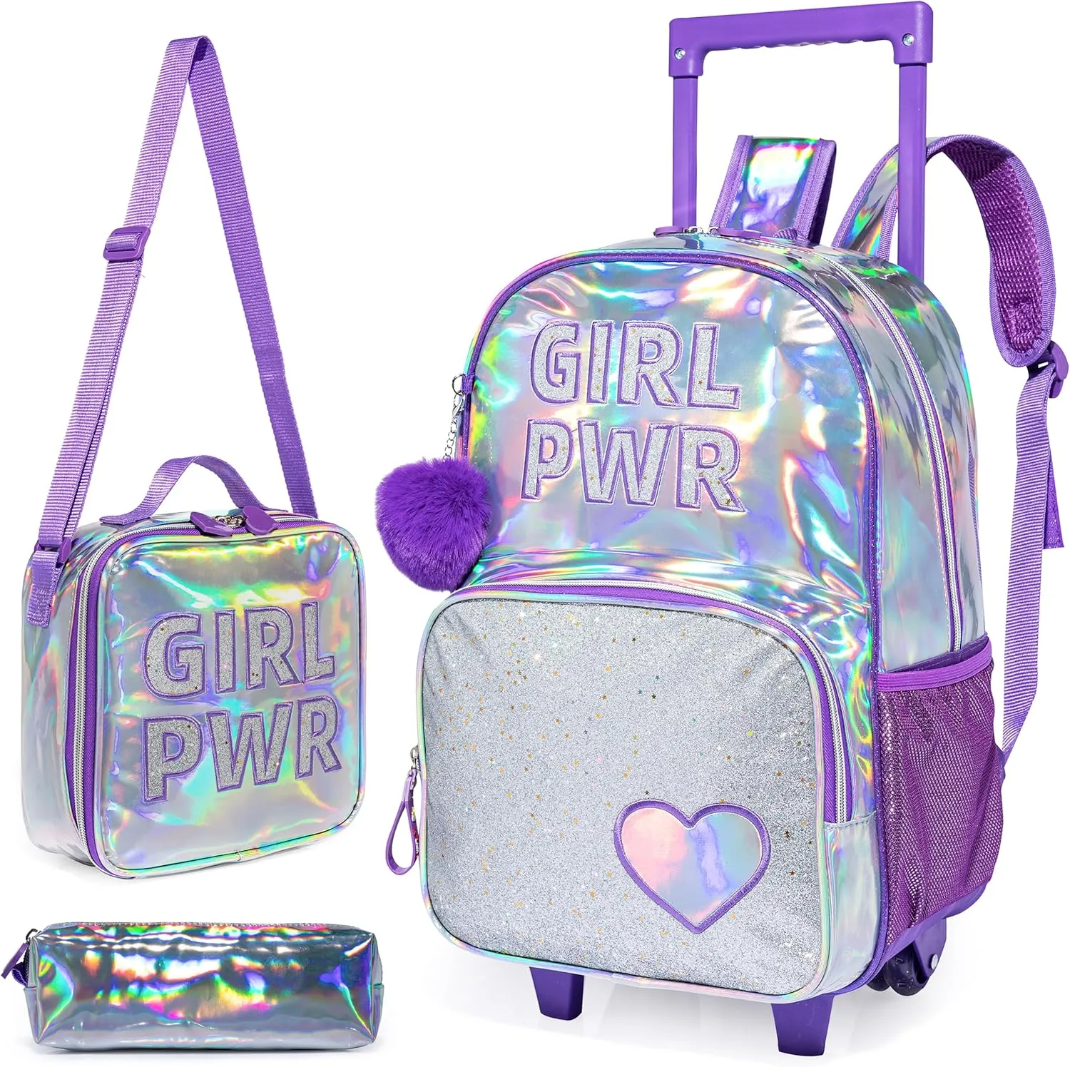 3PCS Purple Rolling Backpack for Girls, Glitter Bookbag with Roller Wheels, Kindergarten Wheeled Backpack with Lunch Box