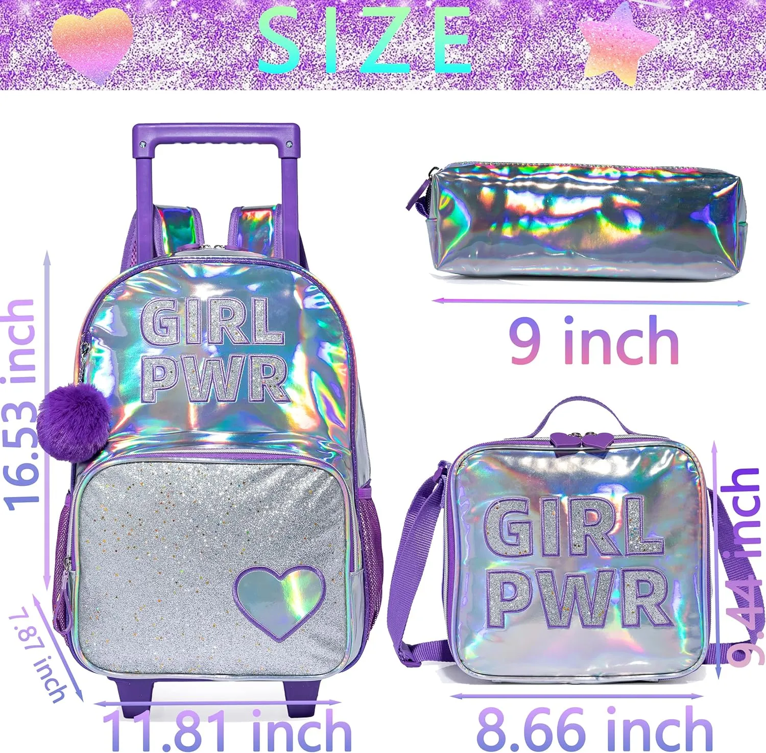 3PCS Purple Rolling Backpack for Girls, Glitter Bookbag with Roller Wheels, Kindergarten Wheeled Backpack with Lunch Box