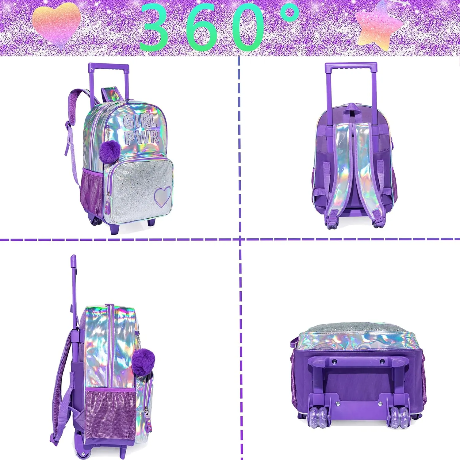 3PCS Purple Rolling Backpack for Girls, Glitter Bookbag with Roller Wheels, Kindergarten Wheeled Backpack with Lunch Box