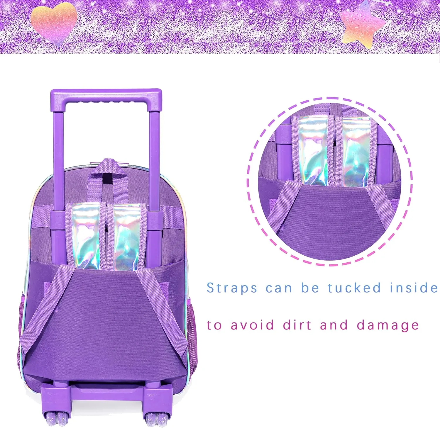 3PCS Purple Rolling Backpack for Girls, Glitter Bookbag with Roller Wheels, Kindergarten Wheeled Backpack with Lunch Box