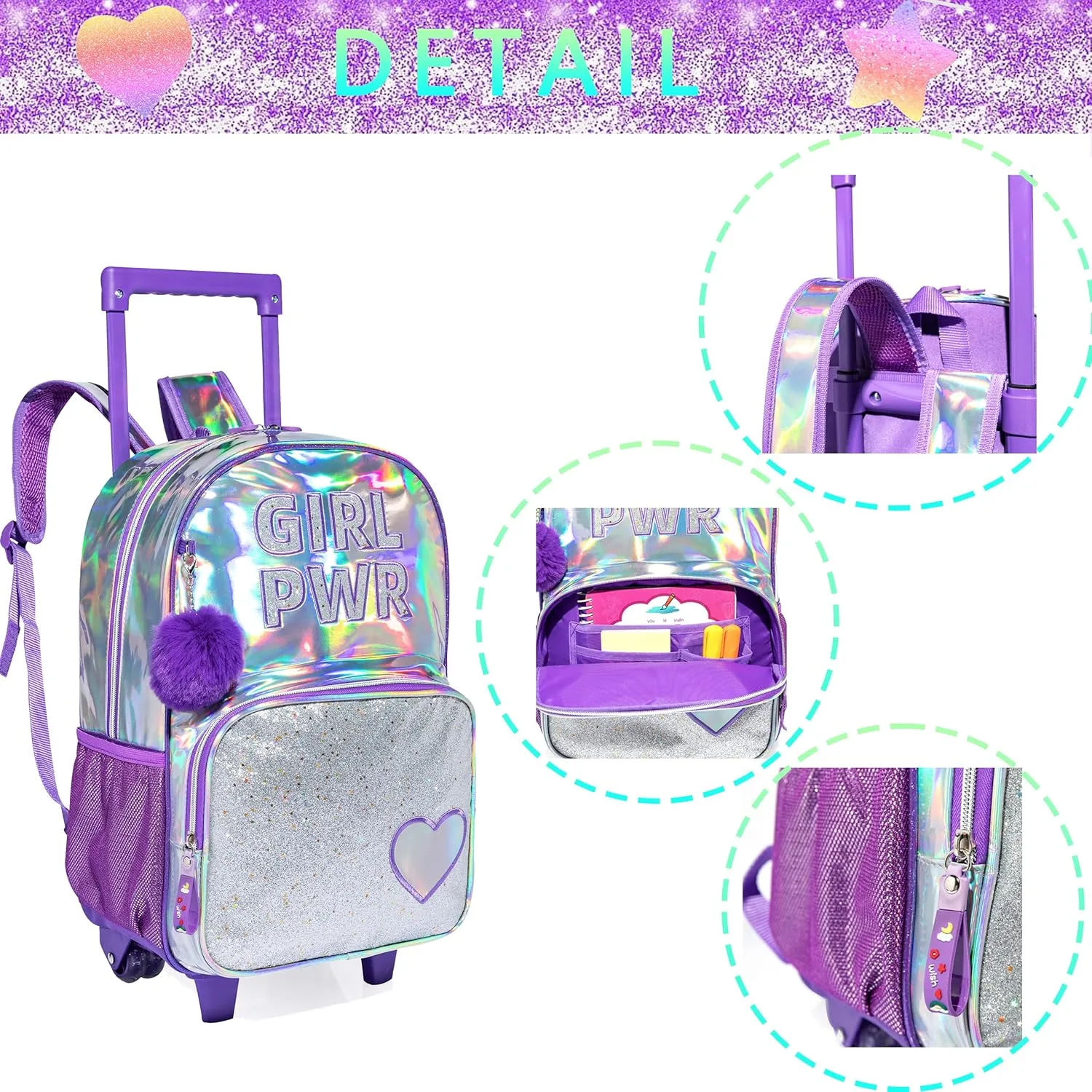 3PCS Purple Rolling Backpack for Girls, Glitter Bookbag with Roller Wheels, Kindergarten Wheeled Backpack with Lunch Box