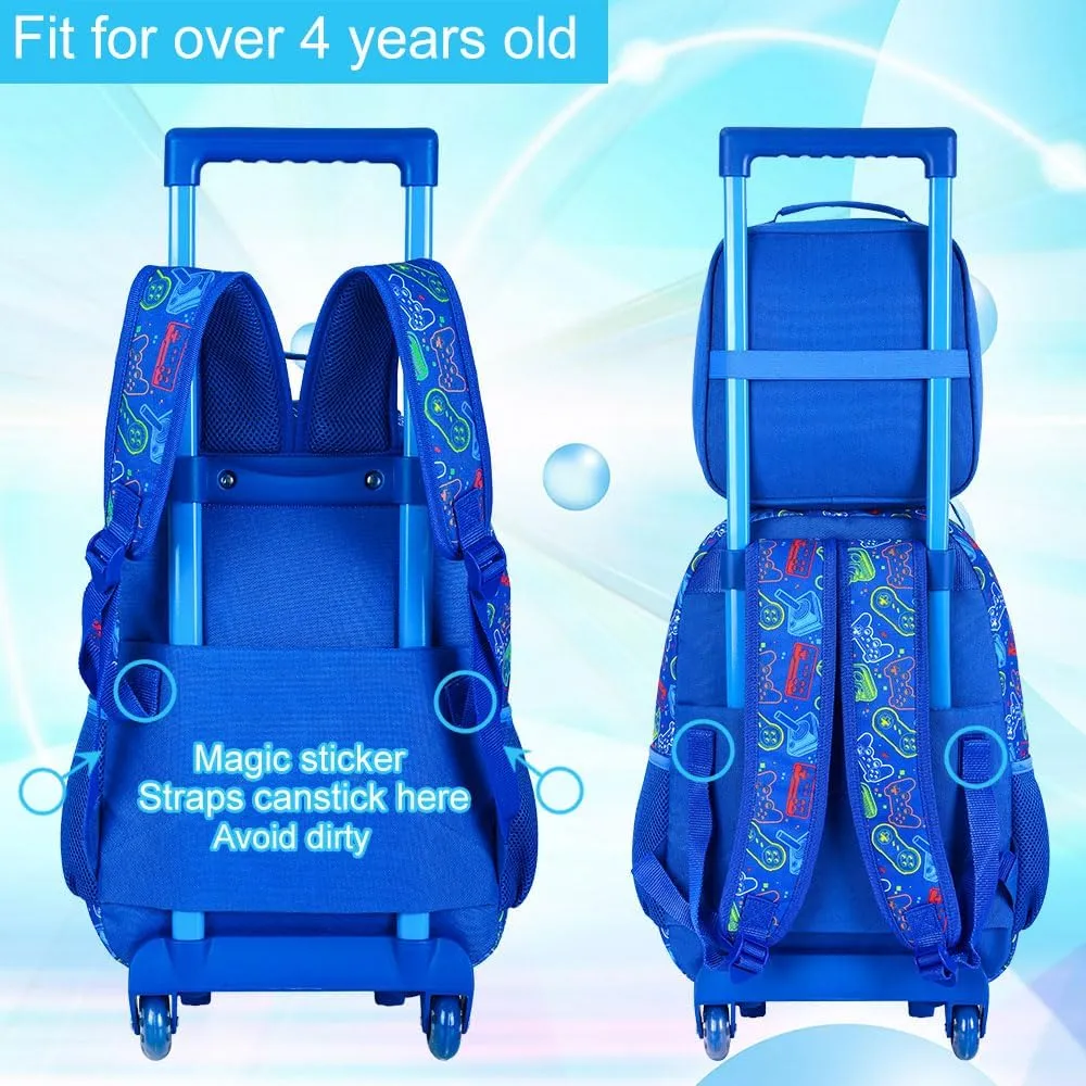 3PCS Rolling Backpack for Boys, Kids Roller Bookbag with Wheels, Gamer Wheeled School Backpack for Elementary Preschool Kindergarten(Blue)