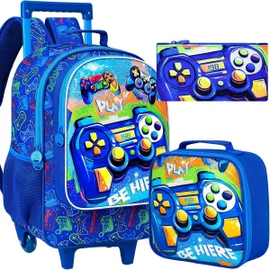 3PCS Rolling Backpack for Boys, Kids Roller Bookbag with Wheels, Gamer Wheeled School Backpack for Elementary Preschool Kindergarten(Blue)