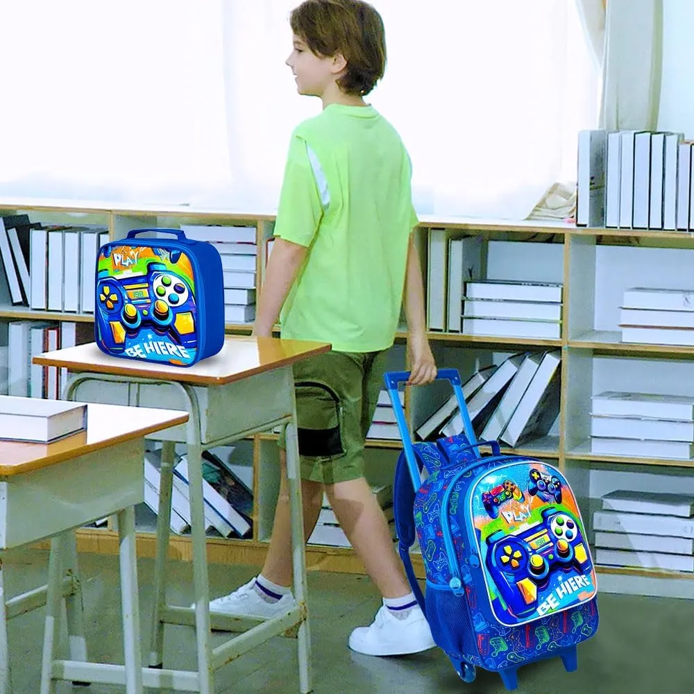 3PCS Rolling Backpack for Boys, Kids Roller Bookbag with Wheels, Gamer Wheeled School Backpack for Elementary Preschool Kindergarten(Blue)