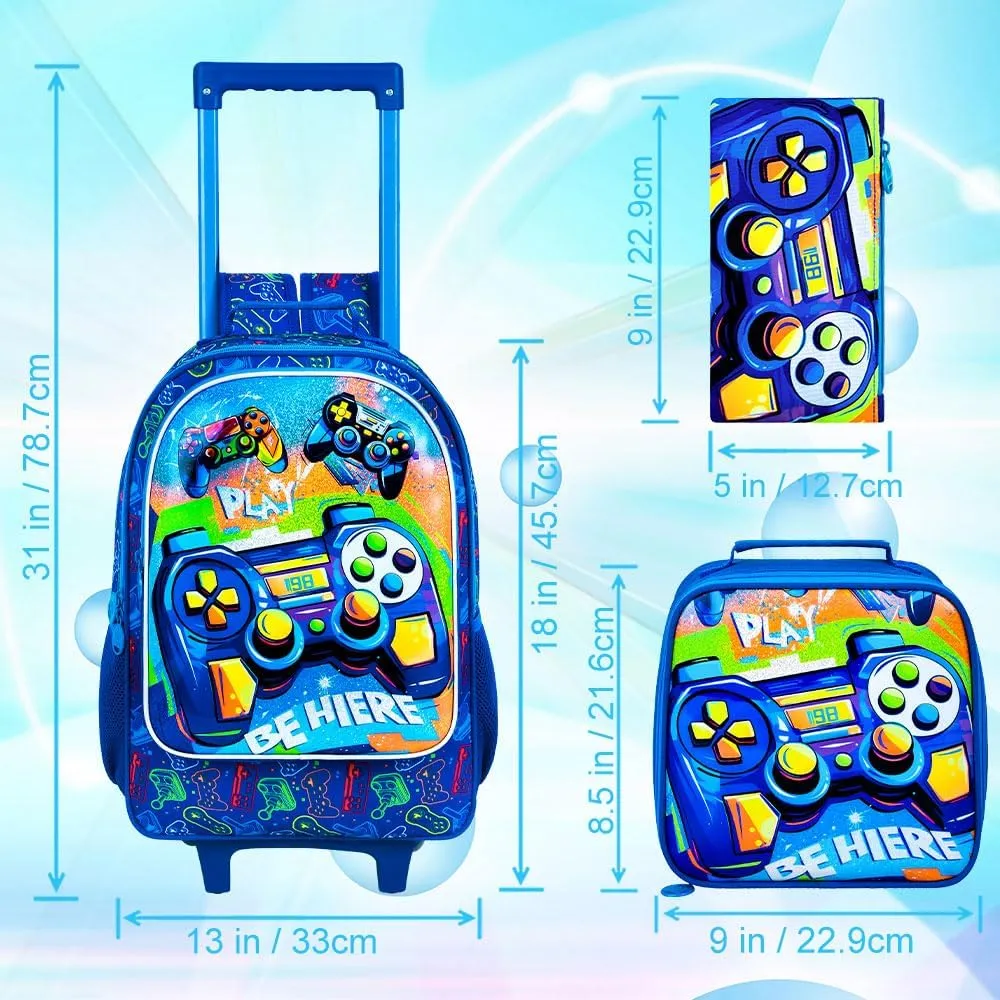 3PCS Rolling Backpack for Boys, Kids Roller Bookbag with Wheels, Gamer Wheeled School Backpack for Elementary Preschool Kindergarten(Blue)