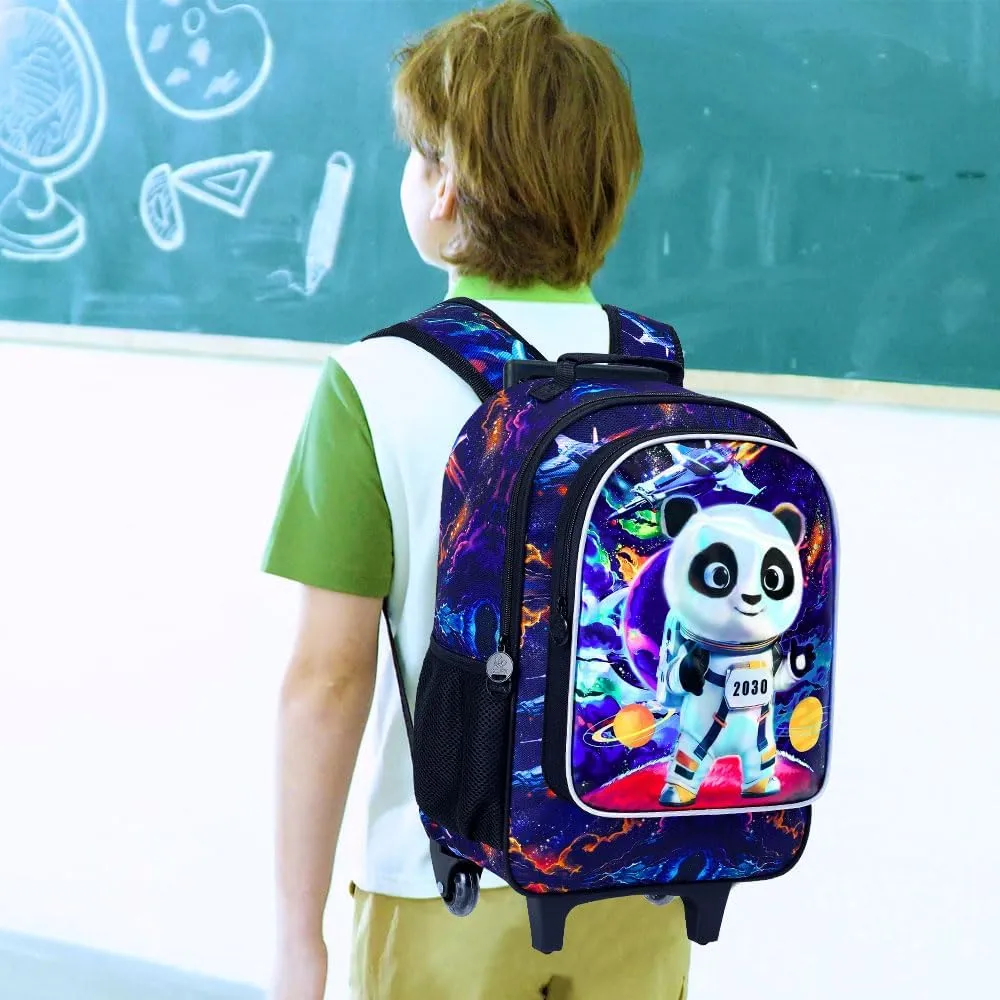 3PCS Rolling Backpack for Boys, Kids Roller Bookbag with Wheels, Panda Wheeled School Backpack for Elementary Preschool Kindergarten(Black)