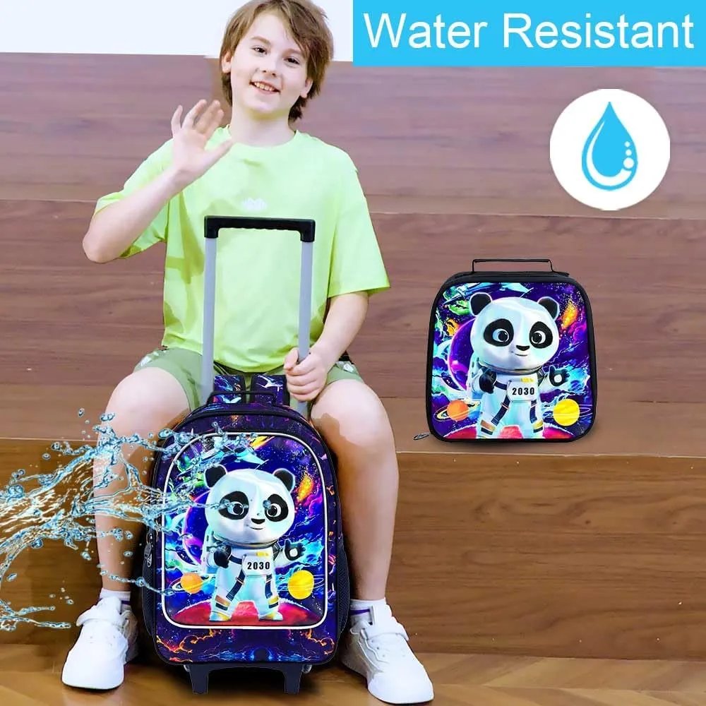 3PCS Rolling Backpack for Boys, Kids Roller Bookbag with Wheels, Panda Wheeled School Backpack for Elementary Preschool Kindergarten(Black)