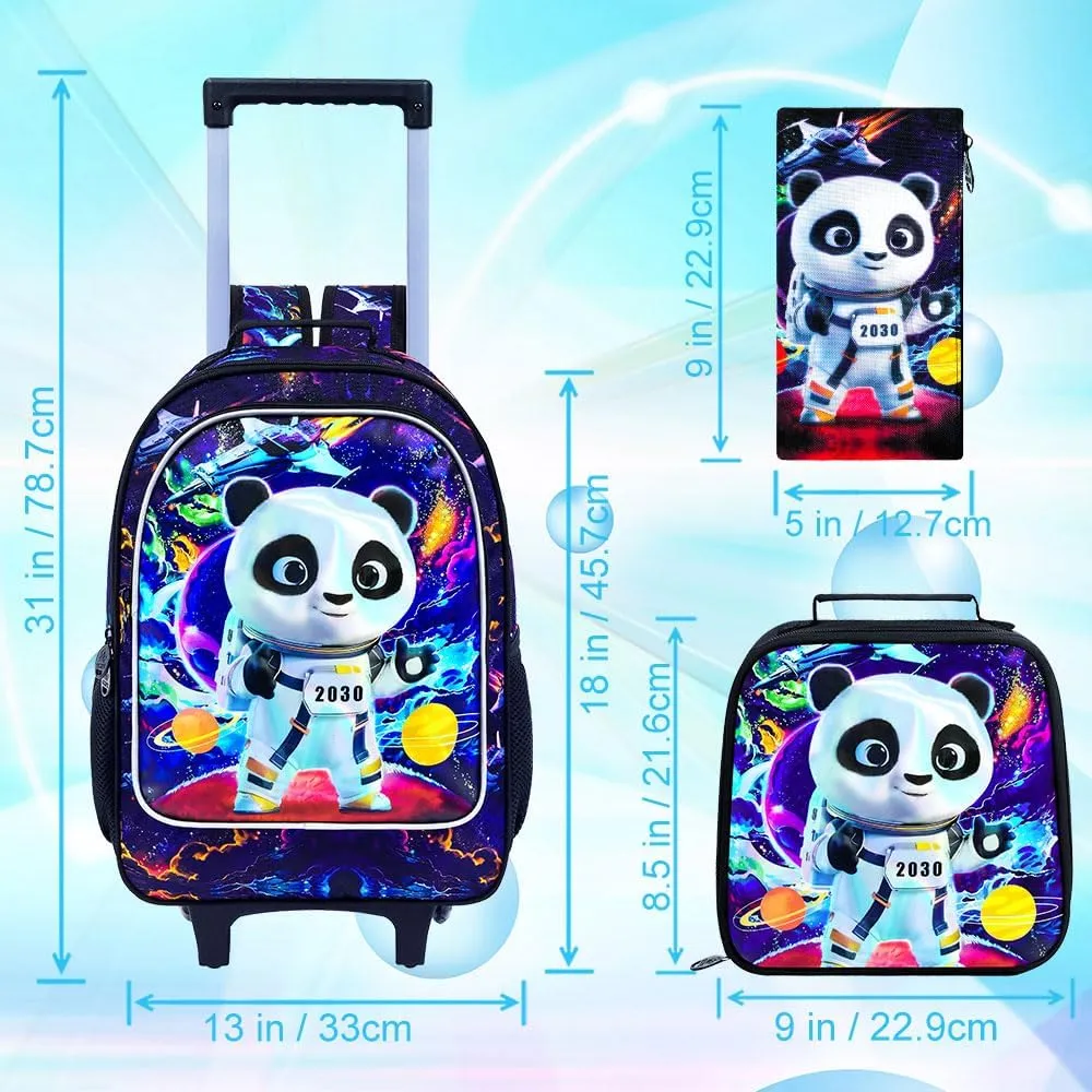 3PCS Rolling Backpack for Boys, Kids Roller Bookbag with Wheels, Panda Wheeled School Backpack for Elementary Preschool Kindergarten(Black)