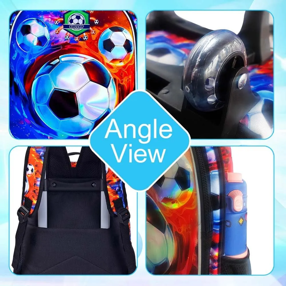 3PCS Rolling Backpack for Boys, Kids Roller Bookbag with Wheels, Soccer Wheeled School Backpack for Elementary Preschool Kindergarten(Fire-Ice)