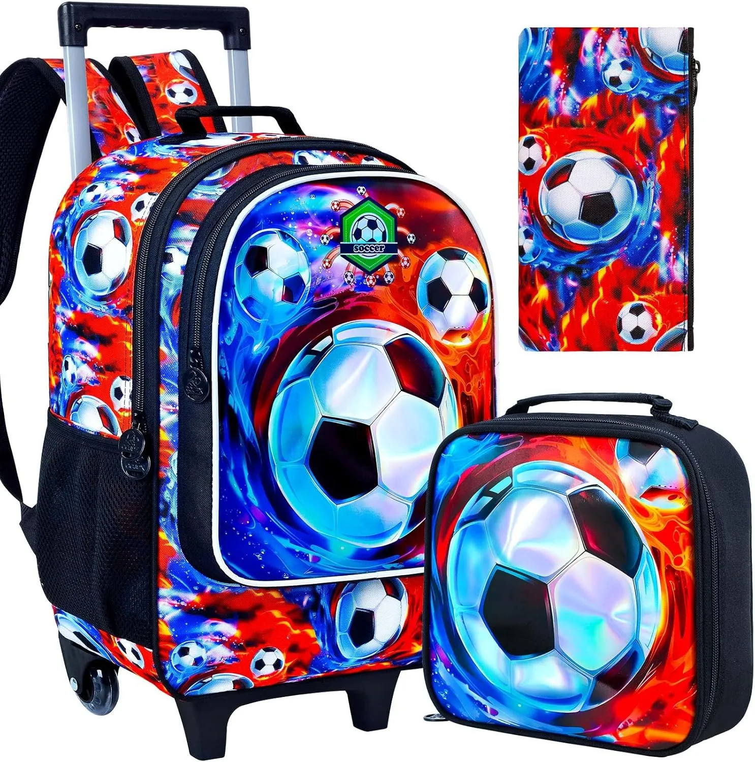3PCS Rolling Backpack for Boys, Kids Roller Bookbag with Wheels, Soccer Wheeled School Backpack for Elementary Preschool Kindergarten(Fire-Ice)
