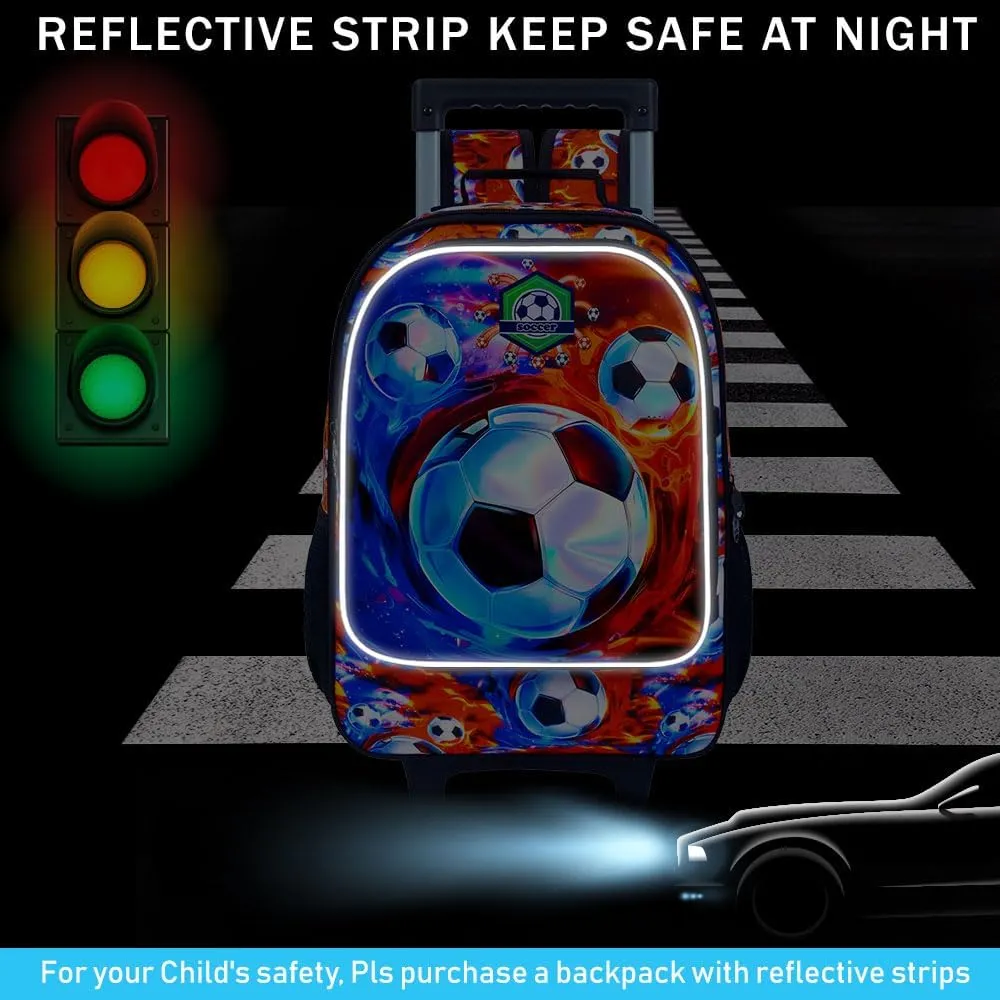 3PCS Rolling Backpack for Boys, Kids Roller Bookbag with Wheels, Soccer Wheeled School Backpack for Elementary Preschool Kindergarten(Fire-Ice)