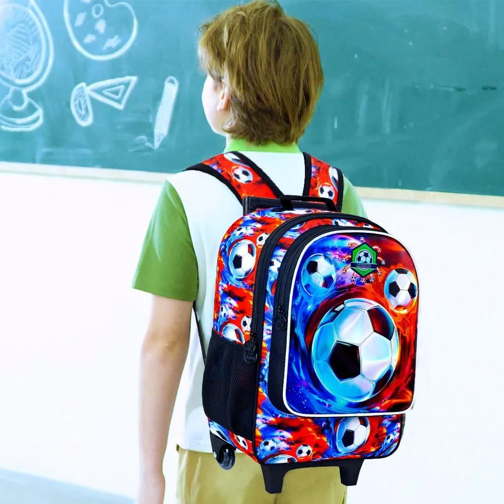 3PCS Rolling Backpack for Boys, Kids Roller Bookbag with Wheels, Soccer Wheeled School Backpack for Elementary Preschool Kindergarten(Fire-Ice)