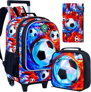 3PCS Rolling Backpack for Boys, Kids Roller Bookbag with Wheels, Soccer Wheeled School Backpack for Elementary Preschool Kindergarten(Fire-Ice)