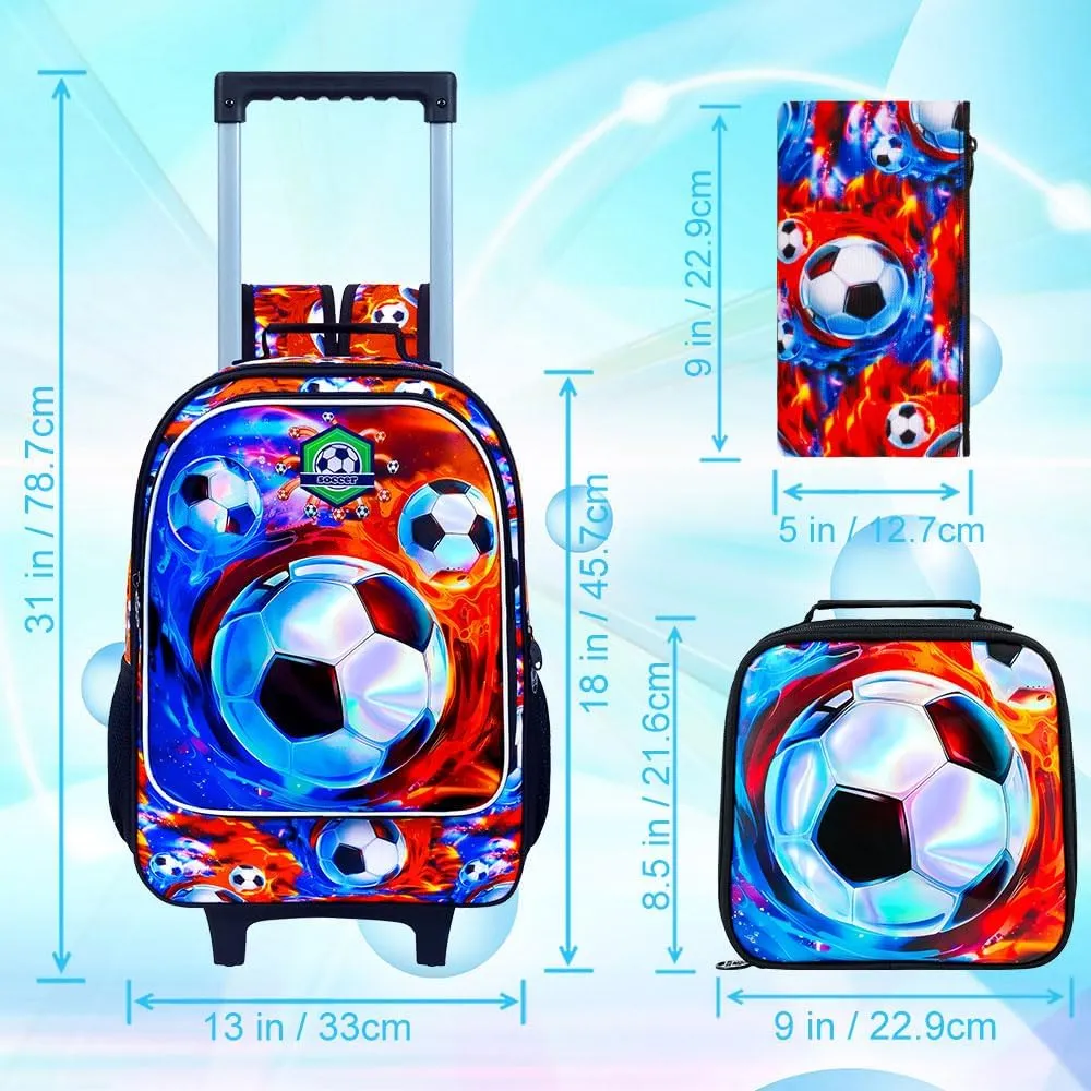 3PCS Rolling Backpack for Boys, Kids Roller Bookbag with Wheels, Soccer Wheeled School Backpack for Elementary Preschool Kindergarten(Fire-Ice)