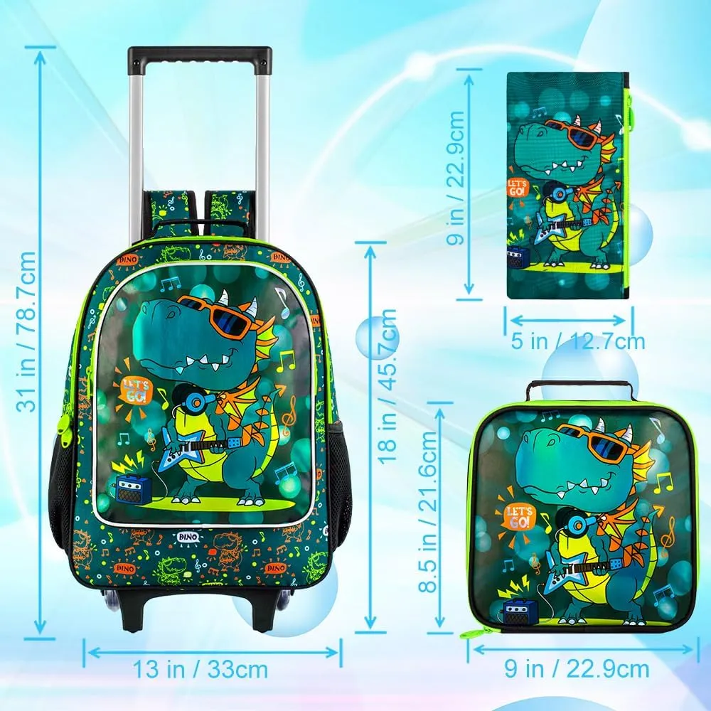 3PCS Rolling Backpack for Boys, Roller School Backpack with Wheels, Kids Dinosaur Wheeled Bookbag for Elementary Preschool Kindergarten(Green)