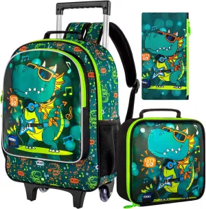 3PCS Rolling Backpack for Boys, Roller School Backpack with Wheels, Kids Dinosaur Wheeled Bookbag for Elementary Preschool Kindergarten(Green)