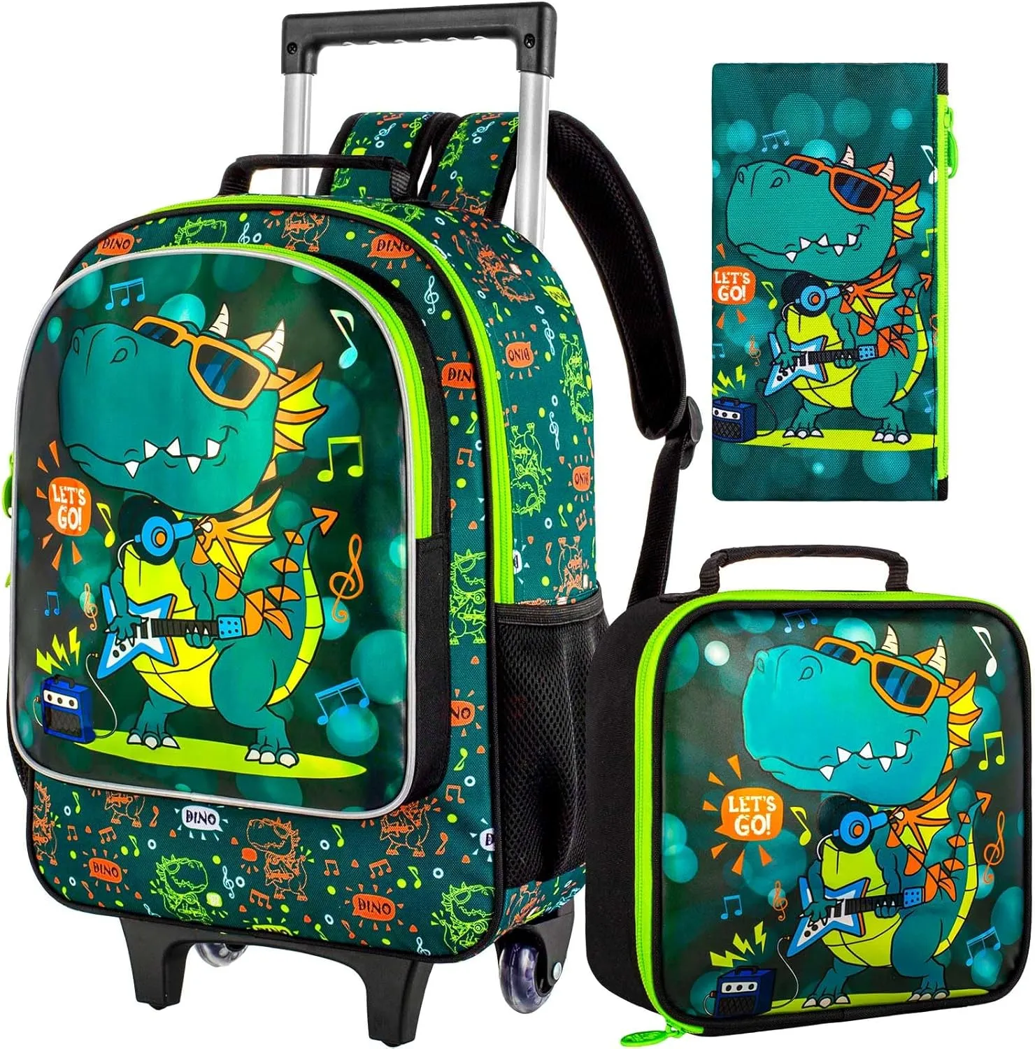 3PCS Rolling Backpack for Boys, Roller School Backpack with Wheels, Kids Dinosaur Wheeled Bookbag for Elementary Preschool Kindergarten(Green)