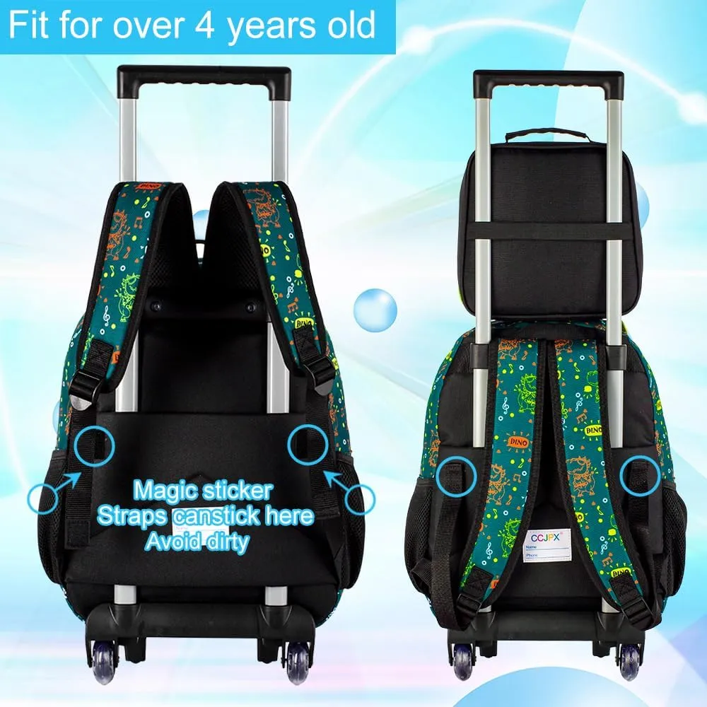 3PCS Rolling Backpack for Boys, Roller School Backpack with Wheels, Kids Dinosaur Wheeled Bookbag for Elementary Preschool Kindergarten(Green)