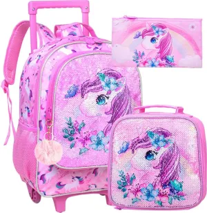 3PCS Rolling Backpack for Girls and Boys， Kids Unicorn Dinosaur Wheeled Bookbag