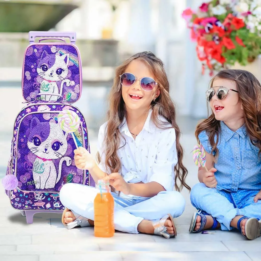 3PCS Rolling Backpack for Girls and Boys， Kids Unicorn Dinosaur Wheeled Bookbag