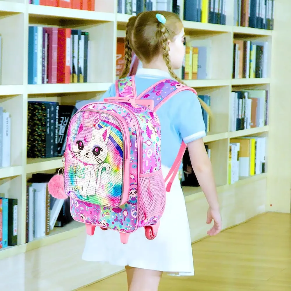 3PCS Rolling Backpack for Girls and Boys， Kids Unicorn Dinosaur Wheeled Bookbag